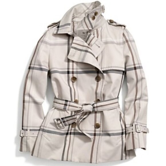NWT Coach cream Ivory Plaid Tattersall Short Trench Coat size M - Picture 14 of 15